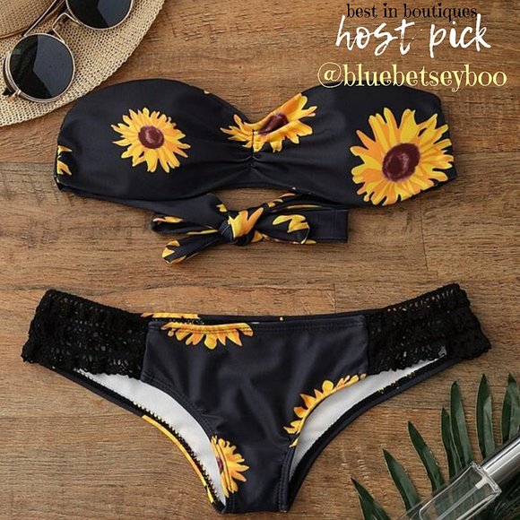 Other - Navy Sunflower Lace Strapless Bandeau Bikini 👙